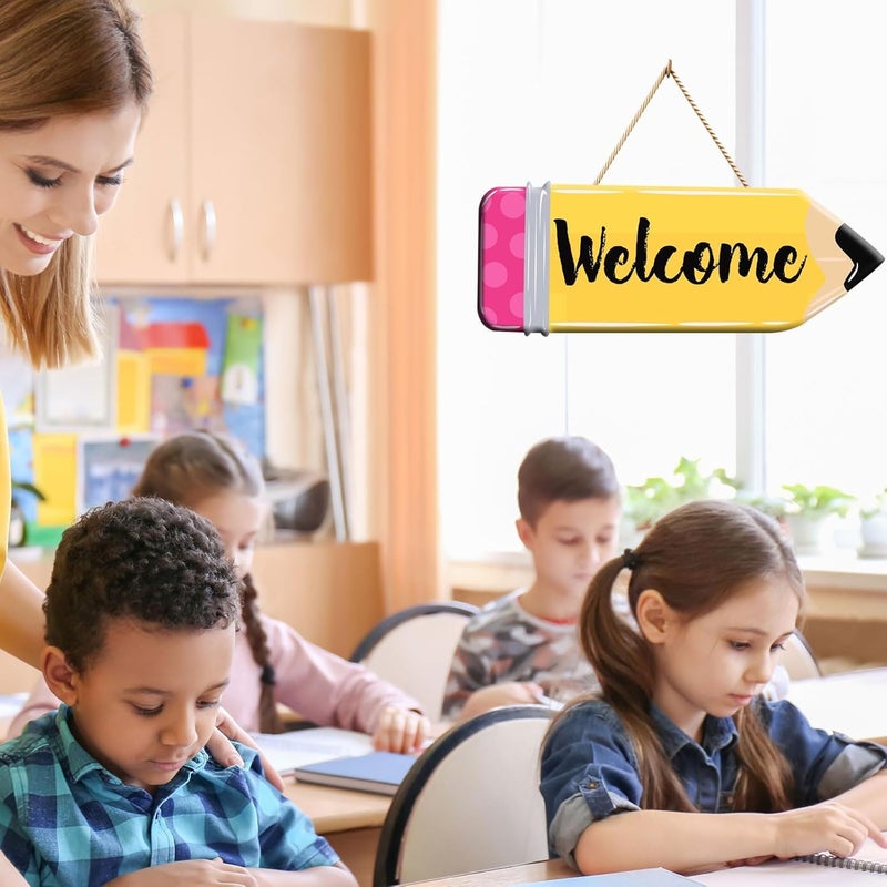 Demonwer Back to School Welcome Sign Cute School Pencil Wooden Hanging Decoration Welcome Back to School Door Hanger for Teacher Student Classroom Front Porch - Image 4